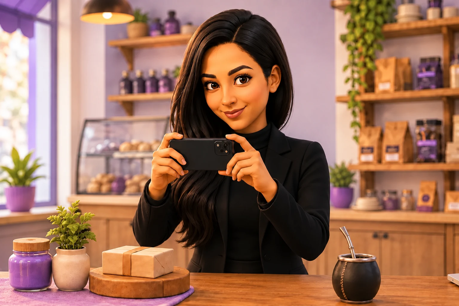 Giselle creando contenido con su celular para un comercio